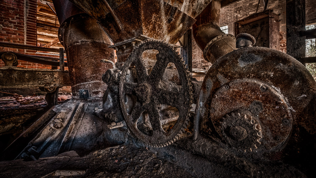 Another shot of the gears that ran the grinder/mixer at the brick factory in Black Lick.

For you Fuji fans, this was shot with the X-E2 and Fujinon10-24mm f/4 lens.  I shot it at f/11 and did the HDR merges from JPG rather than RAW to take advantage of Fuji's 